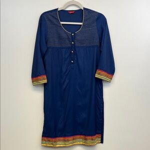 VV Elegant Blue Women's Kurta with Gold threading and Multicolor Accents Size M